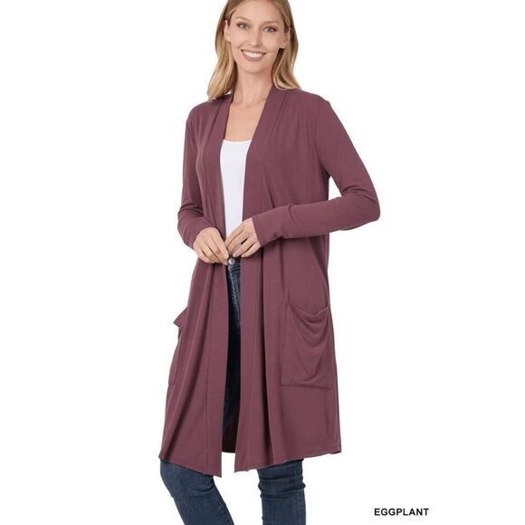 Slouchy Pocket Open Cardigan - Color: Eggplant - Picture 1 of 3